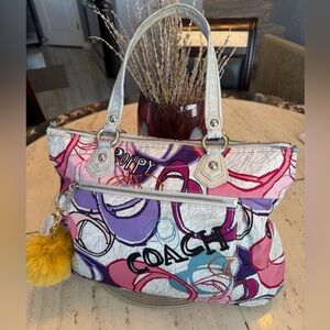 2012 Coach Poppy Swirl Tote Bag with Suede Handles & Fluffy Bag Charm